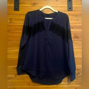 Navy Blouse with Black Lace Detail